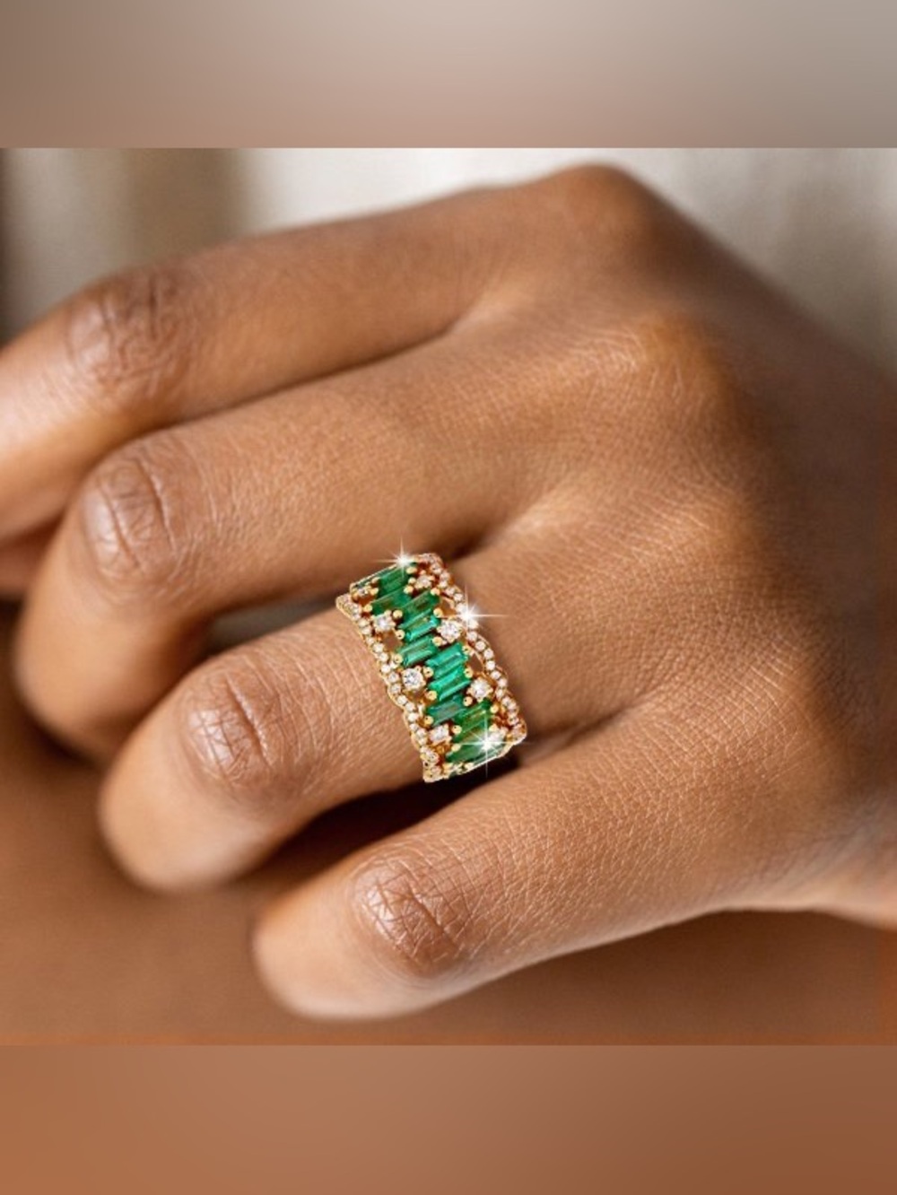 Italo Golden Triple Row Baguette Cut Emerald Wedding Band - Picture 4 of 8